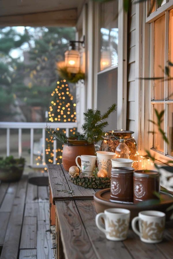 a front porch decorated for winter