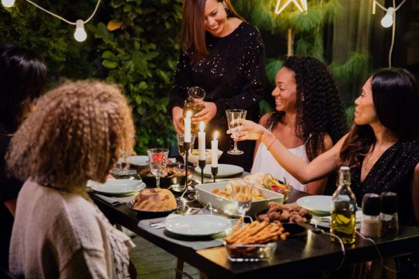 outdoor dinner party with string lighting